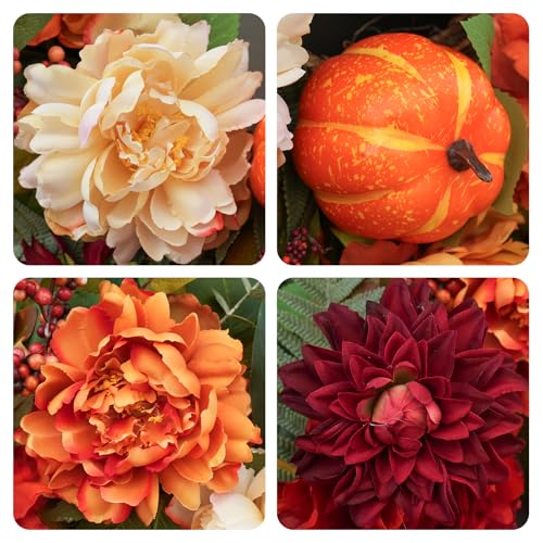 24 InchFall Wreaths for Front Door Autumn Wreath with Peony, Pumpkins - color: Orange1