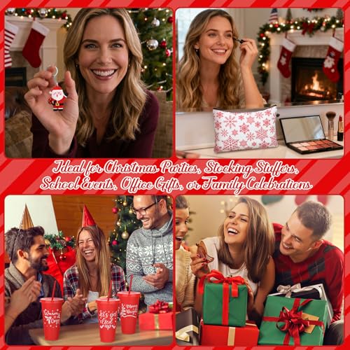 Funnymoom 24 Pcs Christmas Candy Cane Gifts Set Include 24 oz Merry Christmas Plastic Tumbler Cup with Lids and Straw Makeup Cosmetic Red Bag Crew Sock Keychain for Xmas Winter Friendmas Gifts - style: Candy