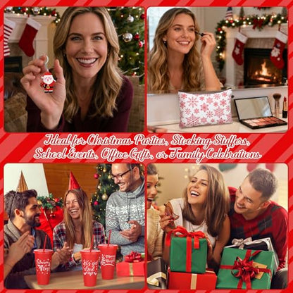 Funnymoom 24 Pcs Christmas Candy Cane Gifts Set Include 24 oz Merry Christmas Plastic Tumbler Cup with Lids and Straw Makeup Cosmetic Red Bag Crew Sock Keychain for Xmas Winter Friendmas Gifts - style: Candy