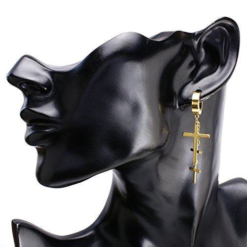 JewelrieShop Cross Tassel Stainless Steel Urban Huggie Hinged Hoop Dangle Earrings - color: 01. 2 Pairs (Steel + Gold)
