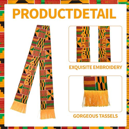 Kente Graduation Stole Class of 2026, 72 x 5.1 in African Print Sash with 3D Gold Embroidery and Gold Fringe - color: C1
