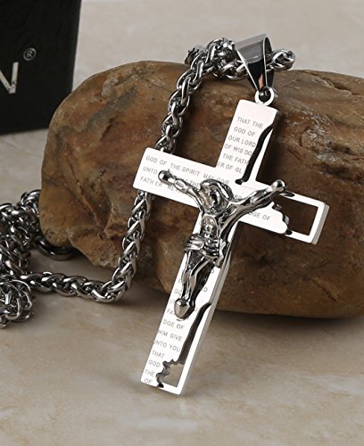 HZMAN Men's Stainless Steel Cross Crucifix Bible Prayer Pendant Necklace - color: Silver