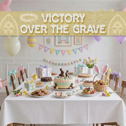 Victory Over The Grave Banner Religious Easter Yard Sign Christian Cross Decoration Resurrection Sunday Outdoor Decor Jesus Christ Fence Backdrop Church Celebration Spiritual Ornament