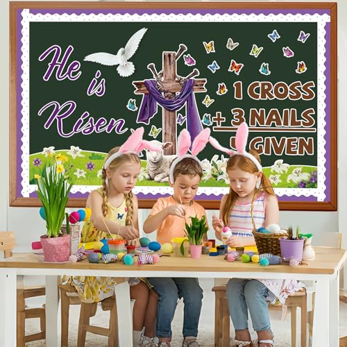 Christian Easter Bulletin Board Set He is Risen Classroom Decoration Jesus Forgiven Cross Butterfly Lily Christian Religious Paper Cutouts for Spring Sunday School Church Home Chalkboard Wall Decor