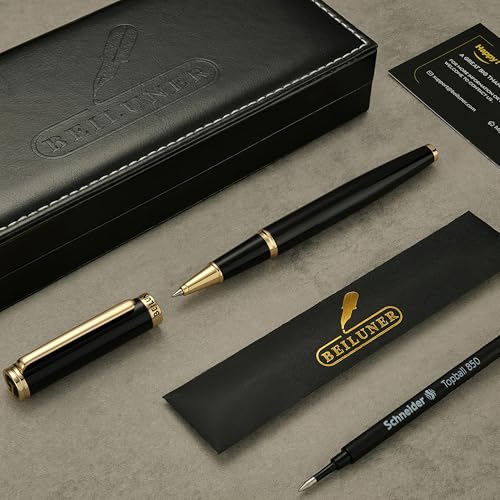 BEILUNER Luxury Rollerball Pen,24K Gold Trim,Noble and Elegant Designs,Schneider Ink Refill, Best Roller Ball Pen Gift Set for Men & Women, Professional, Executive Office, Nice Pens - color: ,Black and Gold