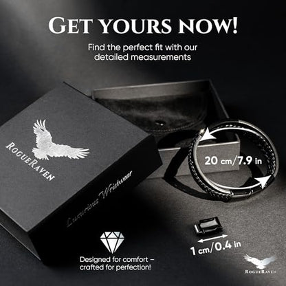 RogueRaven Black Leather Bracelet for Men – Premium Collection – Brown Black Gold Silver | Genuine Leather Mens Bracelet with Stainless Steel Clasp [Adjustable] | In Luxury Gift Box - color: black black