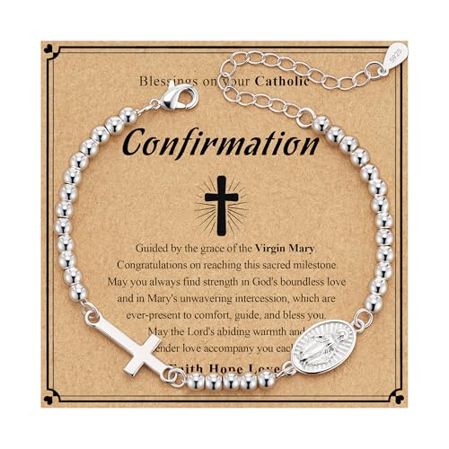 First Communion Gifts for Girls Virgin Mary Cross Bracelet Non Tarnish Baptism 1st Holy Communion Confirmation Gifts Christian Religious Catholic Jewelry - color: Confirmation,Silver