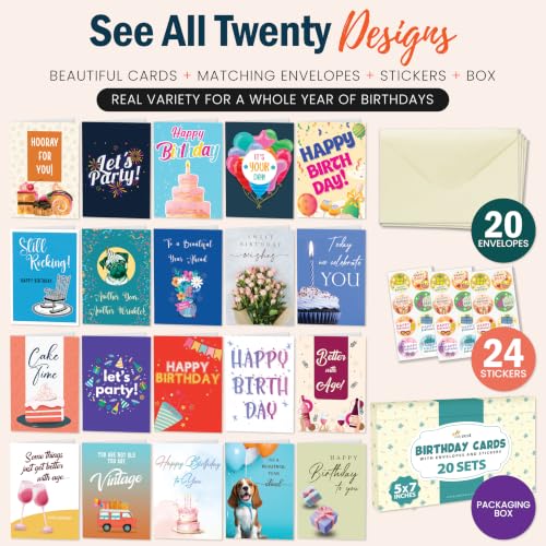 5x7 Inch, 20 Pack Assorted Happy Birthday Cards Bulk Boxed Set