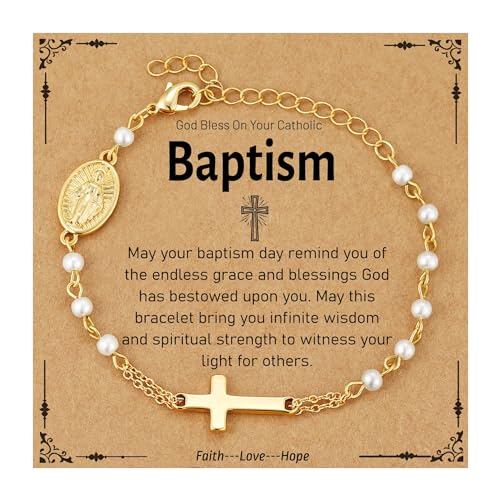 Catholic Bracelets Gifts for Women Girls, Simulated Pearl Rosary Beads Virgin Mary Cross Charm Bracelet Confirmation First Communion Baptism Religious Christian Jewelry Gift - color: Baptism Gold