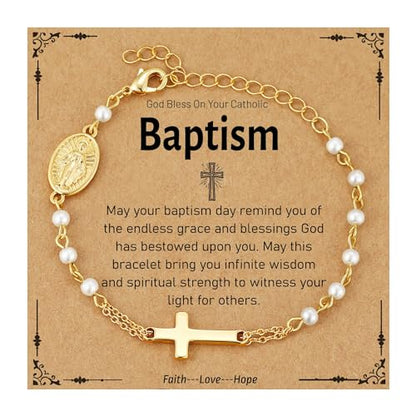 Catholic Bracelets Gifts for Women Girls, Simulated Pearl Rosary Beads Virgin Mary Cross Charm Bracelet Confirmation First Communion Baptism Religious Christian Jewelry Gift - color: Baptism Gold