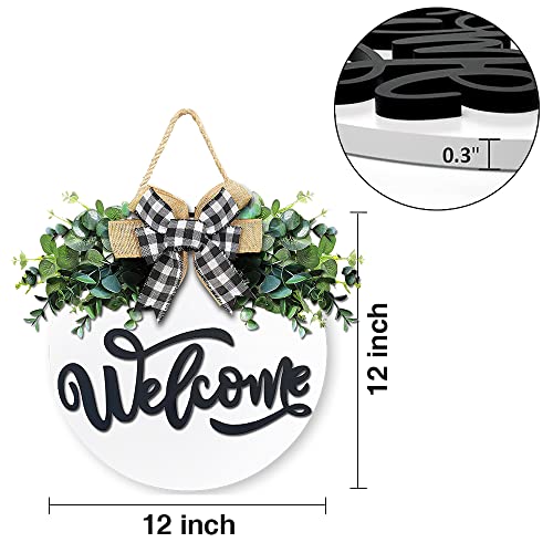 White Welcome Sign for Front Door, 12 Inch Round Wood Wreath