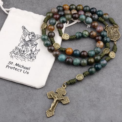 HanlinCC Stone Beads St.Michael Paracord Catholic Rosary with Bag for Men - style: India Agate
