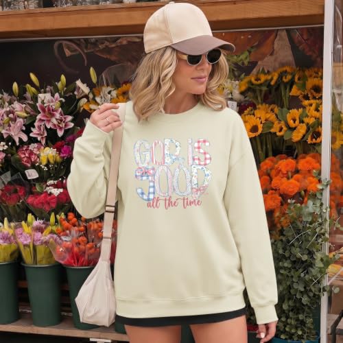 Christian God Is Good Sweatshirts for Women Jesus Bow Bible Verse Sweatshirt Faith Religious Graphic Hoodies - color: Apricot, size: X-Large