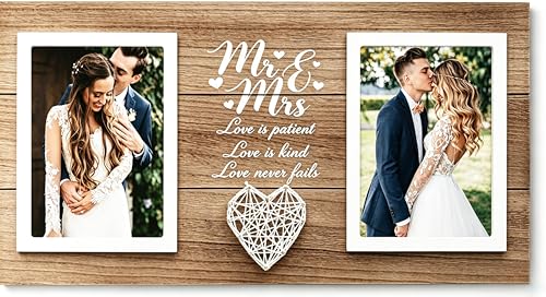 Wedding Gifts for Couples 2026, 15.7x8,3 Inch Mr & Mrs Wedding Frame Double Wooden Wedding Photo Frame Bridal Shower Gift for Bride to Be Personalized Newlywed Gifts for Couple, Engagement Gift for Bride