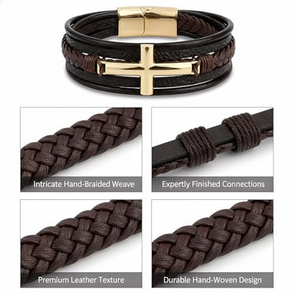 Stainless Steel Braided Leather Bracelet for Men Cuff Bangle Cross - color: Brown&Gold