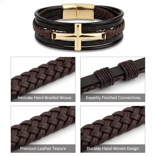 Stainless Steel Braided Leather Bracelet for Men Cuff Bangle Cross - color: Brown&Gold