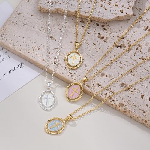 Bheop Cross Necklace for Women, 14K Gold Silver Enamel Pendant Necklace - color: Blue