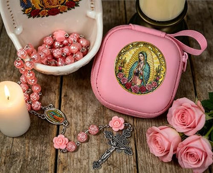 Handmade Rosary Beads for Women, Elegant Catholic Gifts for First Communion, Confirmation & Spiritual Prayer, Unique Beaded Rosary Necklace with Zippered Case - color: Pink - Our Lady of Guadalupe