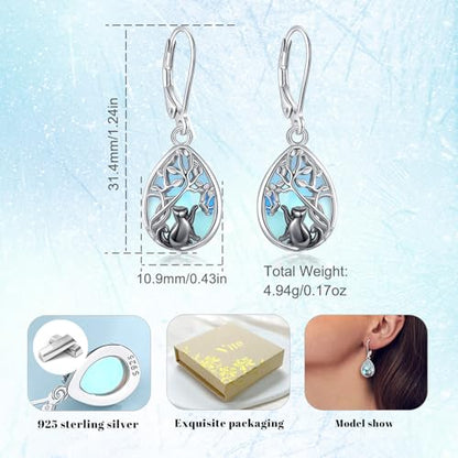 Vito Moonstone Turquoise Drop Earrings for Women, 925 Sterling Silver Hooks - style: Cat