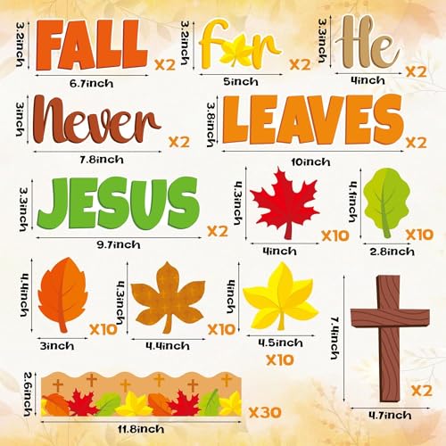 BeYumi 94Pcs Fall for Jesus He Never Leaves Christian Bulletin Board Set Autumn Maple Leaves Name Tags Cutout Boarders Trim Thanksgiving Faith Religious Classroom Sunday School Church Chalkboard Decor - style: Fall for Jesus