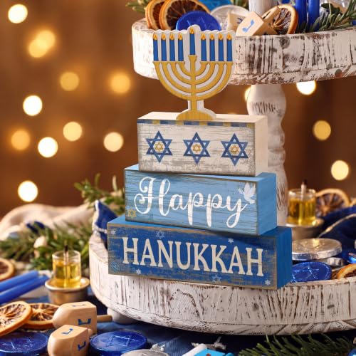 Lineshading 4 Pcs Hanukkah Table Decor for Home, Wooden Menorah Block Signs - style: Candlestick 2