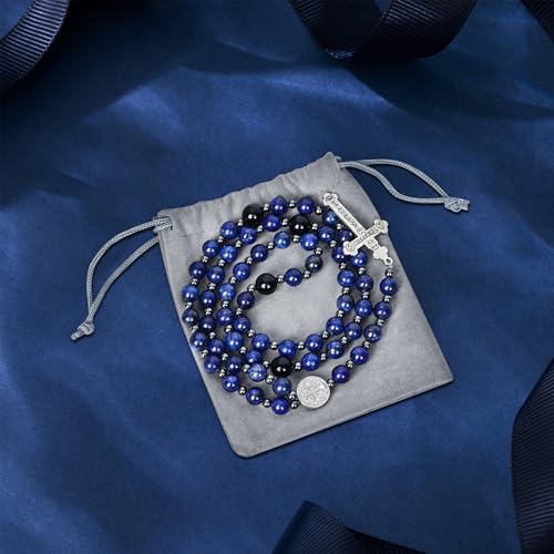 Rosary for Men Women, Natural Stone Beads with St. Benedict Bracelet - color: Lapis Lazuli