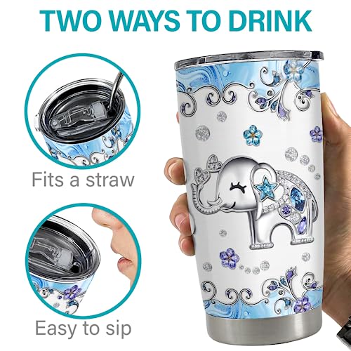 SANDJEST Elephant Tumbler 20oz Jewelry Drawings Stainless Steel Insulated Tumblers Elephants Gifts for Women Girls Coffee Travel Mug Cup Gift for Birthday Christmas - color: Elephant