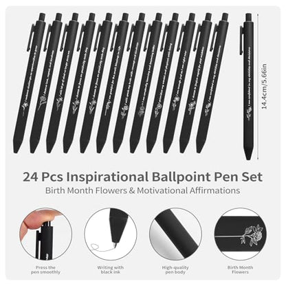 Bulk Gifts - 24 Pcs Inspirational Ballpoint Pen Set - Engraved with Flowers & Motivational, Smooth Writing, Christmas Stocking Stuffers Gift for School Office Party Supplies, Black - color: Black
