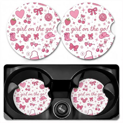 Car Coasters for Cup Holders, Pink Bow Car Coasters Set of 2, B10 - color: Pink Bow