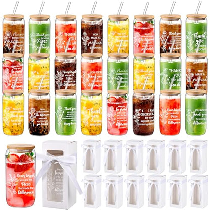 Ziliny 24 Set Thank You Gifts Bulk Employee Appreciation Gifts for Staff Christmas Coworker 16 oz Glass Cups with Lids and Straws with Gift Box Ribbon for Friends Nurse Teacher(Floral and Team) - style: Floral and Team
