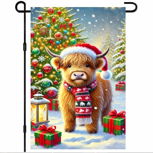 BlissYard Christmas Highland Cow Garden Flag 12x18 Inch Polyester - color: Red, White, Green, Yellow