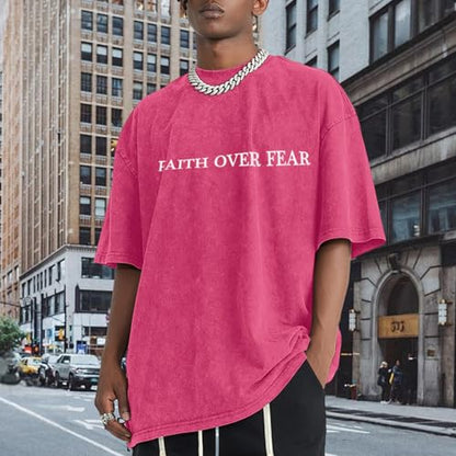 Christian Faith Over Fear Shirt for Men Jesus Religious Shirts Oversized Graphic Tees Acid Wash God T-Shirt - color: Pink, size: X-Small