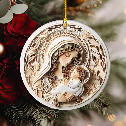 Virgin Mary and Baby Jesus Christmas Ornament 2026 – Ceramic 3 Inch Round Ornament Double Sided – Religious Holiday Tree Decoration, Holy Family Catholic Gift,Christian Ceramic Christmas Keepsake(Q-7) - color: Q-7