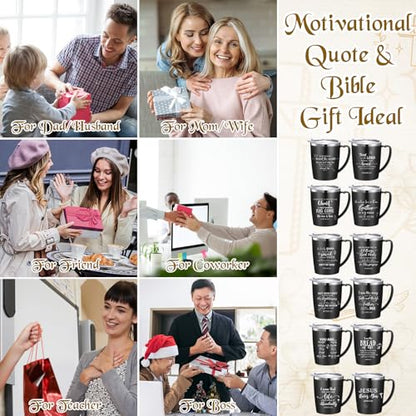 12 Pcs Christian Coffee Mugs with Lid and Straw Bible Verse Father's Day Religious Gifts Tumbler 12 oz Stainless Steel Insulated Inspirational Tumbler for Church Women Men(Black) - color: Black