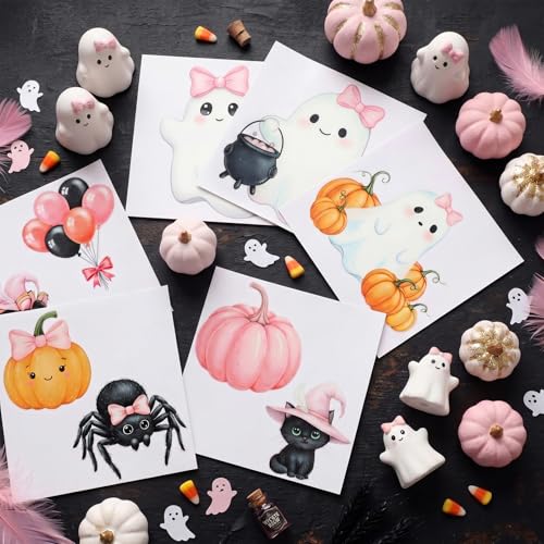 Harloon 15 Sheets Pastel Halloween Ghost Rub on Transfers for Crafts Cute Pink Summer Halloween Ghost Cat Dog Stickers Watercolor Furniture Decals for Home Party DIY Crafts - style: Cute Ghost