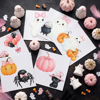 Harloon 15 Sheets Pastel Halloween Ghost Rub on Transfers for Crafts Cute Pink Summer Halloween Ghost Cat Dog Stickers Watercolor Furniture Decals for Home Party DIY Crafts - style: Cute Ghost