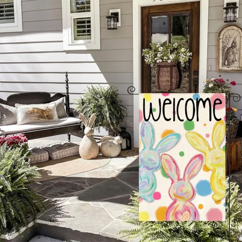 AVOIN colorlife Easter Painted Bunnies Garden Flag 12x18 Inch Outside - size: Garden Size-12 x 18"