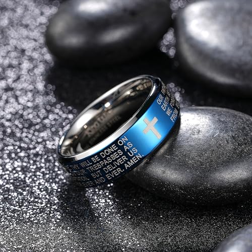King Will Stainless Steel Men Ring Lord's Prayer Cross Ring Stainless Steel Men Wedding Ring, Wedding Band Bible Engraved Rings High Polished, Comfort Fit - color: blue polish