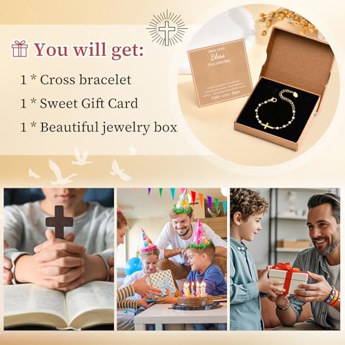 Baby Baptism Cross Bracelet Gift : 18k Gold Plated/Silver Delicate Pearl Cross Bracelets Kids Daughter Granddaughter Birthday First Communion Confirmation Gifts Christian Jewelry for Boys Girls - style: Gold - style B