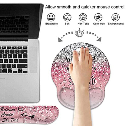 Keyboard Wrist Rest and Mouse Pad Wrist Support Set with Coasters, She Believed She Could So She Did Inspirational Quote Wrist Mouse Pad with Non-Slip PU Base for Computer Laptop Home Office - color: She Believed She Could So She Did Inspirational Quote