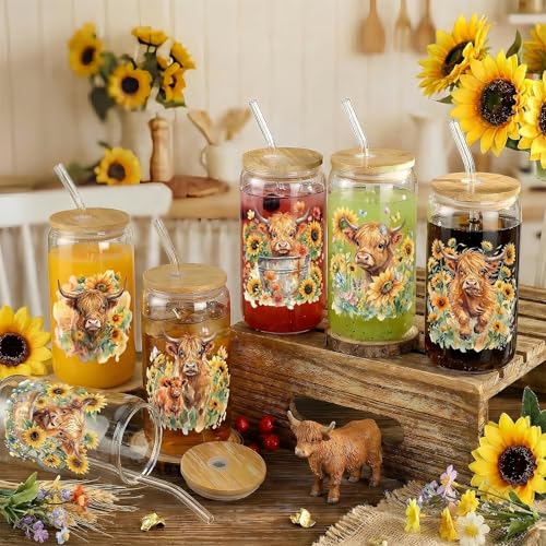 Glass Cups with Lids and Straws, 6Pack, 16oz, Sunflower Farmhouse - style: Highland Cow