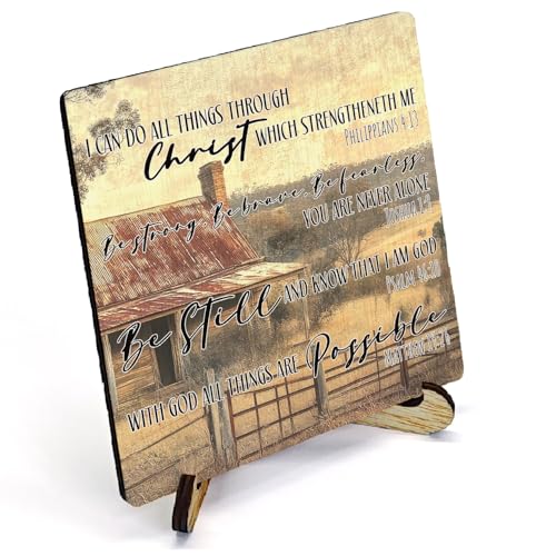 Farmhouse Christian Wooden Sign Desk Decor, Rustic Cottagecore Bible Verses Wood Plaque Sign With Stand for Bedroom Living Room Home Office Desk Table Shelf Decoration, 5x5 Inch - color: Farmhouse Faith, size: 5x5x1.1 in
