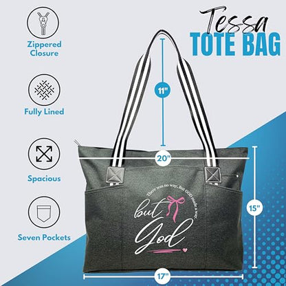 Brooke & Jess Designs Church Bags for Women - Bible Tote Bags for Women, Large Tote Bag for Womens with Zipper - color: Black Tessa But God