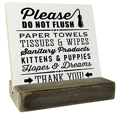 Farmhouse 'Do Not Flush' Plaque with Pawsome Kittens & Puppies on Wooden Stand - color: Bathroom01
