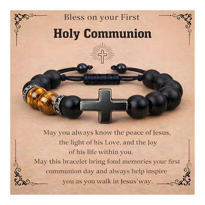 Christian Cross Bracelet Gift for Men Boys Adjustable Beaded Cross Bracelet Religious Jewelry with Message Card for Communion Baptism Confirmation Easter - style: Classic Cross First Communion
