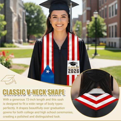 National Flag Graduation Stole Sash - 72" Long Unisex Honors Stole for Students - color: Puerto Rico