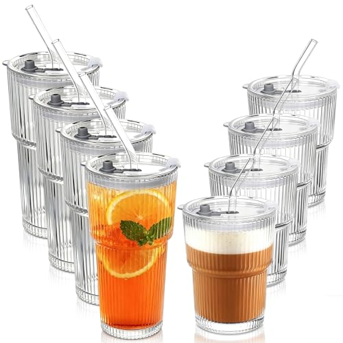 Ribbed Glass Tumbler Drinking Glasses with Lids & Straws, Leak-Proof 20oz and 15oz Glass Cups, 8PCS Glass Tumblers, Ideal for Home, Office, Outdoor Use - style: 8PCS-Clear