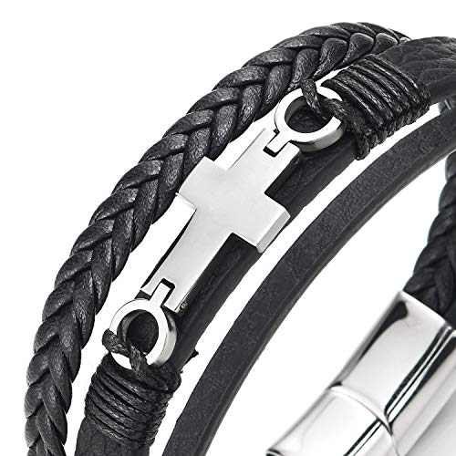 COOLSTEELANDBEYOND Mens Women Steel Horizontal Sideway Lateral Flat Cross Multi-Strand Leather Bangle Bracelet - color: C-Metal Color: Silver; Leather Color: Black