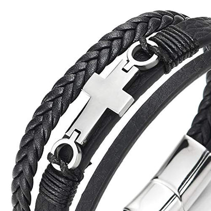 COOLSTEELANDBEYOND Mens Women Steel Horizontal Sideway Lateral Flat Cross Multi-Strand Leather Bangle Bracelet - color: C-Metal Color: Silver; Leather Color: Black