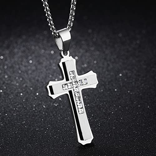 OLEVS Men's Cross Pendant Necklace Large Stainless Steel Cross Pendant Necklace for Men Women - color: silver crystal
